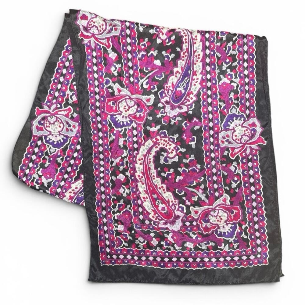 Vintage Designs by Van Horn 100% Silk Rectangle Scarf Purple Pink Black Paisley